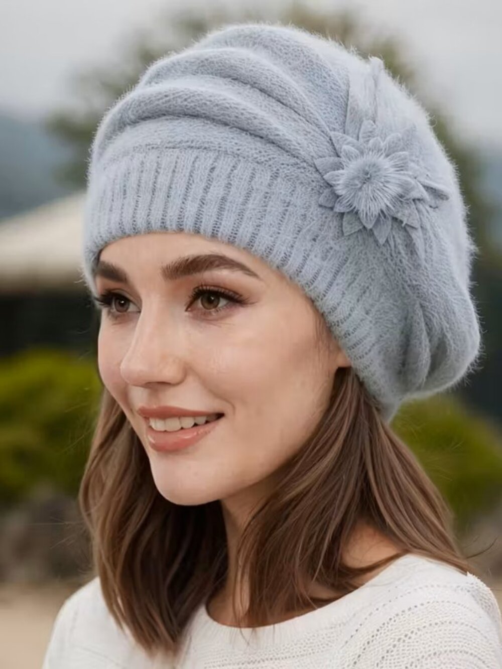 Gray Women's Slouchy Beanie Beret Hat Winter Lined Floral Chemo Cap Warm